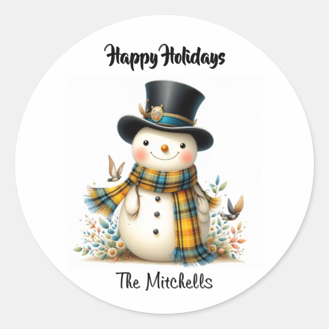 Adesivo Whimsical Holiday Snowman Classic Round Sticker (Frente)