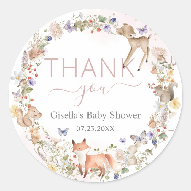 Adesivo Whimsical Woodland Animals Wildflower Baby Shower  (Frente)
