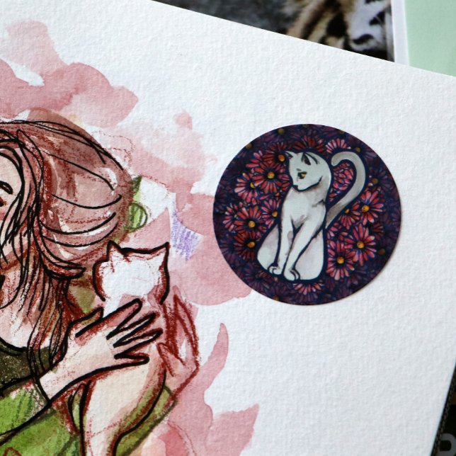 Adesivo White Cat Mauve Daisies (Criador carregado)