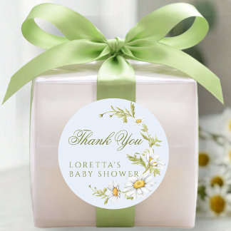 Adesivo White Daisy Floral Baby Shower Thank You Blue
