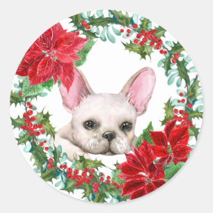 Adesivo White Frenchie Poinsettia Holly Berry Wreath