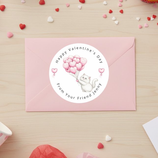 Adesivo White Kitten Pink Hearts Balloons Valentine's Kids (Criador carregado)
