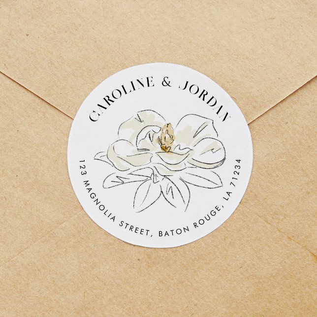 Adesivo White Magnolia Ilustração Moderna Endereço de Devo (Elegant Southern-inspired white magnolia illustration wedding return address label stickers.)