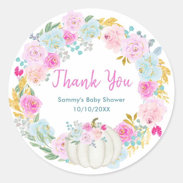 Adesivo White Pumpkin Floral Wreath Baby Shower Thank You (Frente)