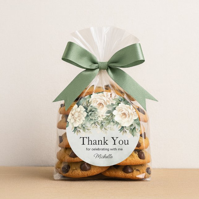 Adesivo White Sage Green Floral Dourado Aniversário Obriga (White and sage green floral birthday party "Thank you" sticker)