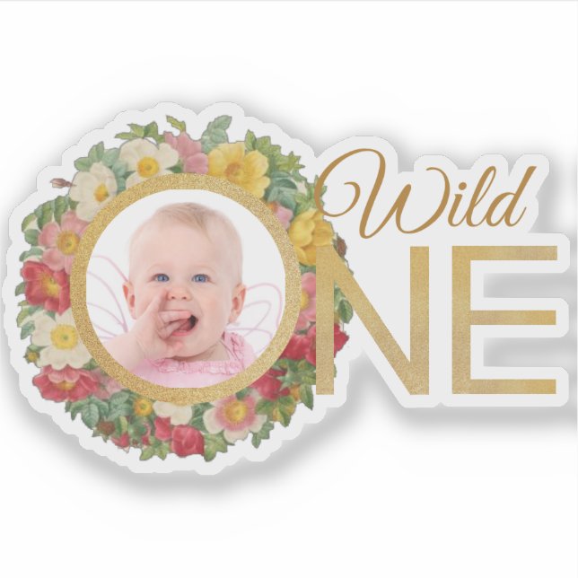 Adesivo Wild One Girl Photo Rosa Wreath Primeiro Aniversár (Frente)