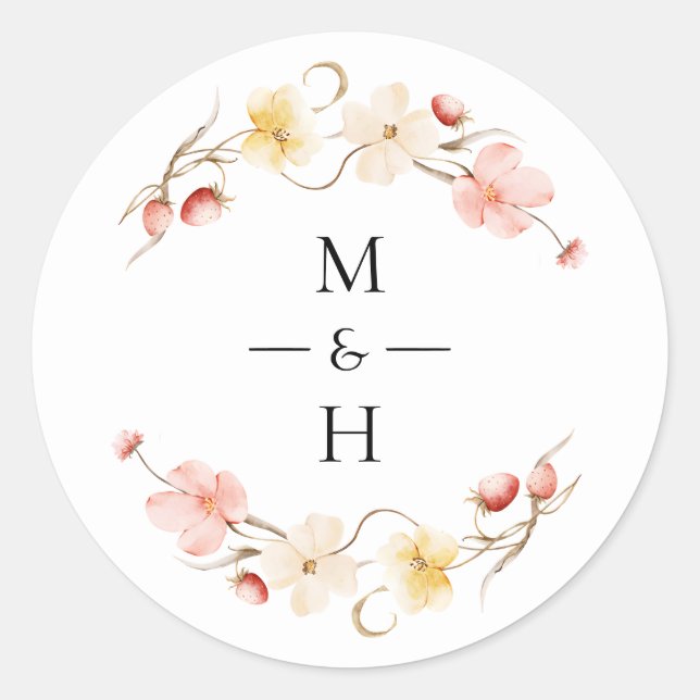 Adesivo Wildflower Blush Floral Monogram Wedding Favor (Frente)