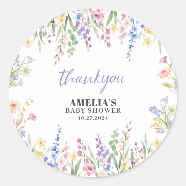 Adesivo Wildflower Is On The Way Pastel Floral Baby Shower (Frente)