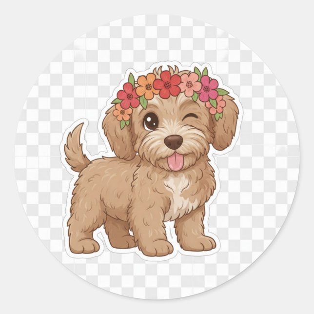 Adesivo Winking Puppy Flower Crown Sticker - Cutest Doodle (Frente)