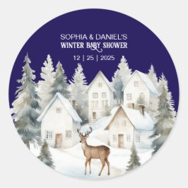 Adesivo Winter Deer in Village Watercolor Baby Shower
