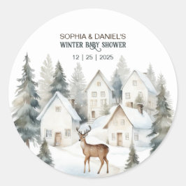 Adesivo Winter Deer in Village Watercolor Baby Shower