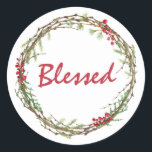 Adesivo Winter Greenery Berries Wreath Christmas abençoado<br><div class="desc">Vedante de envelope festivo elegante e moderno ou adesivo de presente para o Natal com o texto "Abençoado" na caligrafia vermelha e um toque de na moda do verde de inverno e da coroa de frutas. Desenvolvido exclusivamente para você pelo Happy Dolphin Studio. Se precisar de ajuda ou produtos correspondentes,...</div>