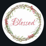 Adesivo Winter Greenery Berries Wreath Christmas abençoado<br><div class="desc">Vedante de envelope festivo elegante e moderno ou adesivo de presente para o Natal com o texto "Abençoado" na caligrafia vermelha e um verde-inverno na moda e uma coroa de frutas. Desenvolvido exclusivamente para você pelo Happy Dolphin Studio. Se precisar de ajuda ou produtos correspondentes, entre em contato conosco em...</div>
