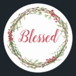 Adesivo Winter Greenery Berries Wreath Christmas abençoado<br><div class="desc">Vedante de envelope festivo elegante e moderno ou adesivo de presente para o Natal com o texto "Abençoado" na caligrafia vermelha e um toque de na moda do verde de inverno e da coroa de frutas. Desenvolvido exclusivamente para você pelo Happy Dolphin Studio. Se precisar de ajuda ou produtos correspondentes,...</div>
