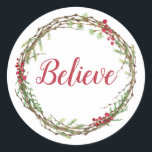 Adesivo Winter Greenery Berries Wreath Christmas Acredita<br><div class="desc">Vedante de envelope festivo elegante e moderno ou adesivo de presente para o Natal com o texto "Acredite" na caligrafia vermelha e um toque de na moda do verde de inverno e da coroa de frutas. Desenvolvido exclusivamente para você pelo Happy Dolphin Studio. Se precisar de ajuda ou produtos correspondentes,...</div>