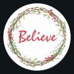 Adesivo Winter Greenery Berries Wreath Christmas Acredite<br><div class="desc">Vedante de envelope festivo elegante e moderno ou adesivo de presente para o Natal com o texto "Acredite" na caligrafia vermelha e um toque de na moda do verde de inverno e da coroa de frutas. Desenvolvido exclusivamente para você pelo Happy Dolphin Studio. Se precisar de ajuda ou produtos correspondentes,...</div>