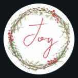Adesivo Winter Greenery Berries Wreath Christmas Joy<br><div class="desc">Vedante de envelope festivo elegante e moderno ou adesivo de presente para o Natal com o texto "Joy" na caligrafia vermelha e um verde-inverno na moda e uma coroa de frutas. Desenvolvido exclusivamente para você pelo Happy Dolphin Studio. Se precisar de ajuda ou produtos correspondentes, entre em contato conosco em...</div>