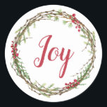 Adesivo Winter Greenery Berries Wreath Christmas Joy<br><div class="desc">Vedante de envelope festivo elegante e moderno ou adesivo de presente para o Natal com o texto "Joy" na caligrafia vermelha e um toque de na moda do verde de inverno e da coroa de frutas. Desenvolvido exclusivamente para você pelo Happy Dolphin Studio. Se precisar de ajuda ou produtos correspondentes,...</div>