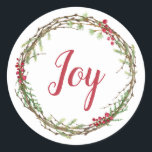 Adesivo Winter Greenery Berries Wreath Christmas Joy<br><div class="desc">Vedante de envelope festivo elegante e moderno ou adesivo de presente para o Natal com o texto "Joy" na caligrafia vermelha e um toque de na moda do verde de inverno e da coroa de frutas. Desenvolvido exclusivamente para você pelo Happy Dolphin Studio. Se precisar de ajuda ou produtos correspondentes,...</div>