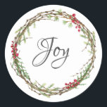 Adesivo Winter Greenery Berries Wreath Christmas Joy<br><div class="desc">Vedante de envelope festivo elegante e moderno ou adesivo de presente para o Natal com o texto "Joy" na caligrafia de guião quic e um verde-inverno na moda e uma coroa de frutas. Desenvolvido exclusivamente para você pelo Happy Dolphin Studio. Se precisar de ajuda ou produtos correspondentes, entre em contato...</div>