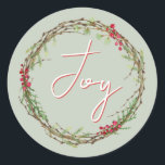 Adesivo Winter Greenery Berries Wreath Christmas Joy<br><div class="desc">Vedante de envelope festivo elegante e moderno ou adesivo de presente para o Natal com o texto "Joy" em caligrafia branca e vermelha e um verde-inverno na moda e uma coroa de frutas. Desenvolvido exclusivamente para você pelo Happy Dolphin Studio. Se precisar de ajuda ou produtos correspondentes, entre em contato...</div>