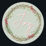 Adesivo Winter Greenery Berries Wreath Christmas Joy<br><div class="desc">Vedante de envelope festivo elegante e moderno ou adesivo de presente para o Natal com o texto "Joy" em caligrafia branca e vermelha e um verde-inverno na moda e uma coroa de frutas. Desenvolvido exclusivamente para você pelo Happy Dolphin Studio. Se precisar de ajuda ou produtos correspondentes, entre em contato...</div>