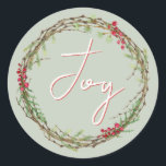 Adesivo Winter Greenery Berries Wreath Christmas Joy<br><div class="desc">Vedante de envelope festivo elegante e moderno ou adesivo de presente para o Natal com o texto "Joy" em caligrafia branca e vermelha e um verde-inverno na moda e uma coroa de frutas. Desenvolvido exclusivamente para você pelo Happy Dolphin Studio. Se precisar de ajuda ou produtos correspondentes, entre em contato...</div>