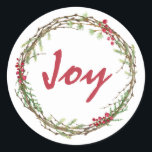 Adesivo Winter Greenery Berries Wreath Christmas Joy<br><div class="desc">Vedante de envelope festivo elegante e moderno ou adesivo de presente para o Natal com o texto "Joy" na caligrafia vermelha e um toque de na moda do verde de inverno e da coroa de frutas. Desenvolvido exclusivamente para você pelo Happy Dolphin Studio. Se precisar de ajuda ou produtos correspondentes,...</div>