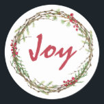 Adesivo Winter Greenery Berries Wreath Christmas Joy<br><div class="desc">Vedante de envelope festivo elegante e moderno ou adesivo de presente para o Natal com o texto "Joy" na caligrafia vermelha e um toque de na moda do verde de inverno e da coroa de frutas. Desenvolvido exclusivamente para você pelo Happy Dolphin Studio. Se precisar de ajuda ou produtos correspondentes,...</div>