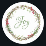 Adesivo Winter Greenery Berries Wreath Christmas Joy<br><div class="desc">Vedante de envelope festivo elegante e moderno ou adesivo de presente para o Natal com o texto "Joy" na caligrafia verde-chic e um verde-inverno na moda e uma coroa de frutas. Desenvolvido exclusivamente para você pelo Happy Dolphin Studio. Se precisar de ajuda ou produtos correspondentes, entre em contato conosco em...</div>