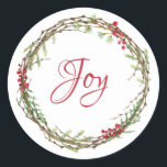 Adesivo Winter Greenery Berries Wreath Christmas Joy<br><div class="desc">Vedante de envelope festivo elegante e moderno ou adesivo de presente para o Natal com o texto "Joy" na caligrafia vermelha e um verde-inverno na moda e uma coroa de frutas. Desenvolvido exclusivamente para você pelo Happy Dolphin Studio. Se precisar de ajuda ou produtos correspondentes, entre em contato conosco em...</div>