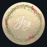 Adesivo Winter Greenery Berries Wreath Christmas Joy Doura<br><div class="desc">Vedante de envelope festivo elegante e moderno ou adesivo de presente para o Natal com o texto "Joy" em caligrafia branca e verde-na moda de inverno e amora em fundo de ouro de champanhe. Desenvolvido exclusivamente para você pelo Happy Dolphin Studio. Se precisar de ajuda ou produtos correspondentes, entre em...</div>