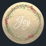 Adesivo Winter Greenery Berries Wreath Christmas Joy Doura<br><div class="desc">Vedante de envelope festivo elegante e moderno ou adesivo de presente para o Natal com o texto "Joy" em caligrafia branca e verde-na moda de inverno e amora em fundo de ouro de champanhe. Desenvolvido exclusivamente para você pelo Happy Dolphin Studio. Se precisar de ajuda ou produtos correspondentes, entre em...</div>