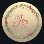 Adesivo Winter Greenery Berries Wreath Christmas Joy Doura<br><div class="desc">Vedante de envelope festivo, elegante e moderno, ou adesivo de presente para o Natal, com o texto "Joy" na caligrafia vermelha e um verde-inverno de na moda e uma coroa de frutas num fundo de ouro de champanhe. Desenvolvido exclusivamente para você pelo Happy Dolphin Studio. Se precisar de ajuda ou...</div>