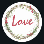 Adesivo Winter Greenery Berries Wreath Christmas Love<br><div class="desc">Vestido elegante e moderno e festivo, selante de presente para o Natal, com o texto "Amor" na caligrafia vermelha e um toque de na moda do verde de inverno e da coroa de frutas. Desenvolvido exclusivamente para você pelo Happy Dolphin Studio. Se precisar de ajuda ou produtos correspondentes, entre em...</div>