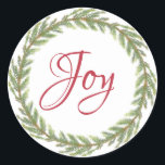 Adesivo Winter Greenery Wreath Christmas Joy<br><div class="desc">Vedante de envelope festivo elegante e moderno ou adesivo de presente para o Natal com o texto "Joy" na caligrafia vermelha e uma coroa verde na moda de inverno sobre fundo branco. Desenvolvido exclusivamente para você pelo Happy Dolphin Studio. Se precisar de ajuda ou produtos correspondentes, entre em contato conosco...</div>