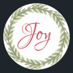 Adesivo Winter Greenery Wreath Christmas Joy<br><div class="desc">Vedante de envelope festivo elegante e moderno ou adesivo de presente para o Natal com o texto "Joy" na caligrafia vermelha e uma coroa verde na moda de inverno sobre fundo branco. Desenvolvido exclusivamente para você pelo Happy Dolphin Studio. Se precisar de ajuda ou produtos correspondentes, entre em contato conosco...</div>