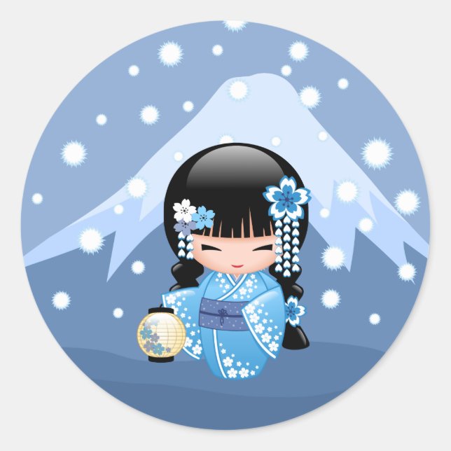 Adesivo Winter Kokeshi Doll Blue Mountain Geisha Girl (Frente)