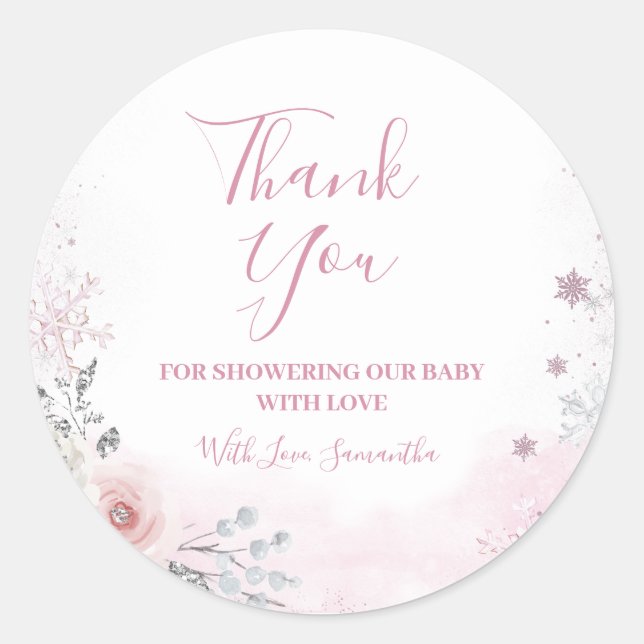 Adesivo Winter Pink Snowflake Sleigh Baby Shower Thank You (Frente)