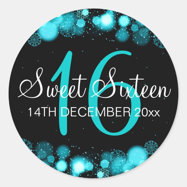 Adesivo Winter Sweet 16 Birthday Turquoise Bokeh Lights (Frente)