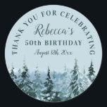 Adesivo Winter Watercolor 50th Birthday - Aniversário - Ob<br><div class="desc">Árvores de Pinheiros de Pinheiros de Natal Azul e Verde 50ª Etiquetas de Festa de aniversário - Adicione seu nome, aniversário sendo celebrado, e data da festa de aniversário. Uma elegante design de festa de aniversário de com tema de inverno que emparelha uma fonte decorativa em negrito com caligrafia manuscrita...</div>