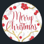 Adesivo Winterberry Merry Christmas<br><div class="desc">Elegante adesivo ilustrado de winterberry vermelha em galhos de árvores de neve para seus cartões de natal,  presentes e muito mais. Consulte a coordenação de papéis de embrulho,  bolsas,  decoração doméstica e itens de presentes com este design no compro.</div>