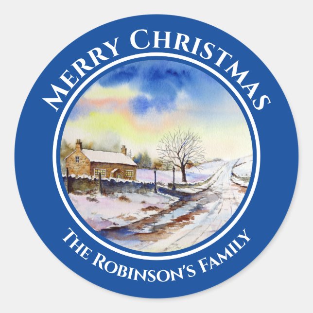 Adesivo Wintery Lane Watercolor Painting Circular (Frente)