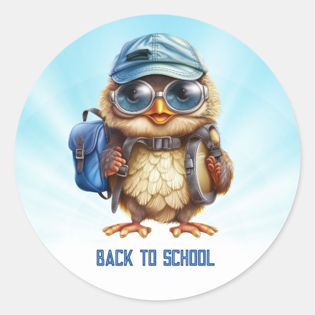 Adesivo Wise Owl com a mochila azul, chapéus e uma pálpebr (Frente)