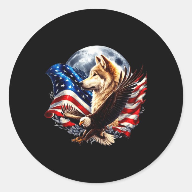 Adesivo Wolf Bald Eagle American Flag Full Moon New Years  (Frente)