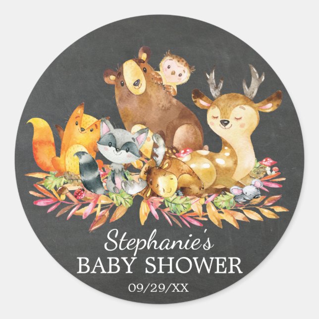 Adesivo Woodland Chalkboard Chá de fraldas Favor Sticker (Frente)