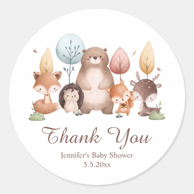 Adesivo woodland forest animals thank you baby shower cute (Frente)
