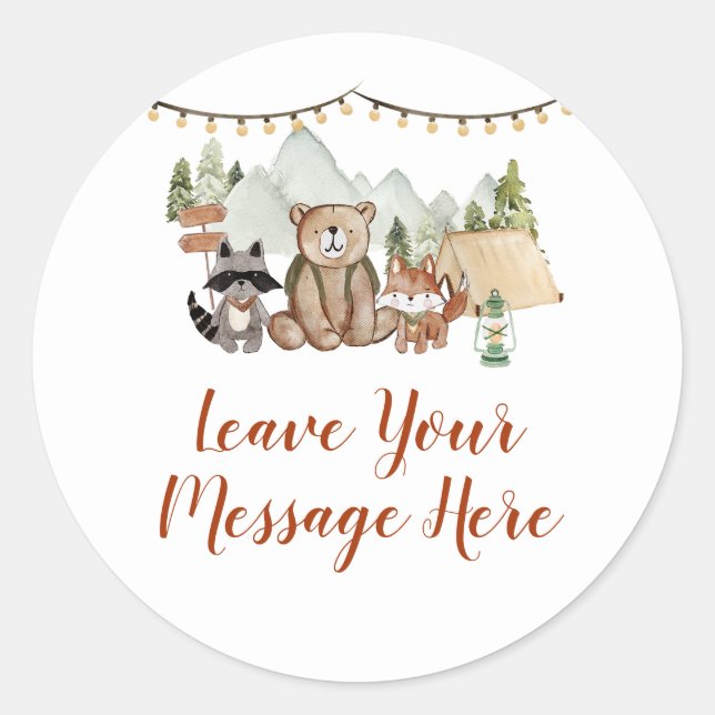 Adesivo Woodland One Happy Camper Aniversário Sua Mensagem (Frente)