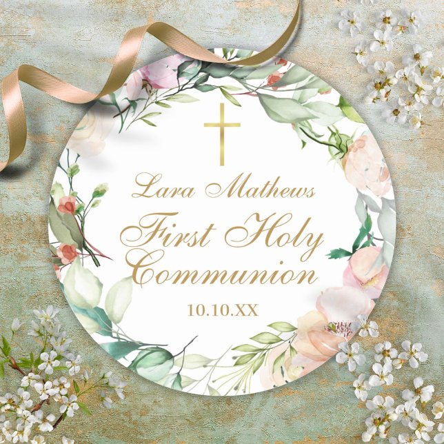 Adesivo Woodland Rosa Garland Primeira Comunhão Santa (Woodland Rose Garland First Holy Communion Classic Round Sticker)
