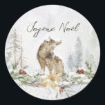 Adesivo Woodland Scense Wolf French Merry Christmas Sticke<br><div class="desc">Esta design apresenta uma ilustração aquática de uma cena de floresta vitoriosa com lobo. Texto em francês Joyeux Noël - Feliz Natal</div>